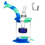 Assorted colors silicone and glass dab rig bubbler with disc perc, 90-degree joint, front view