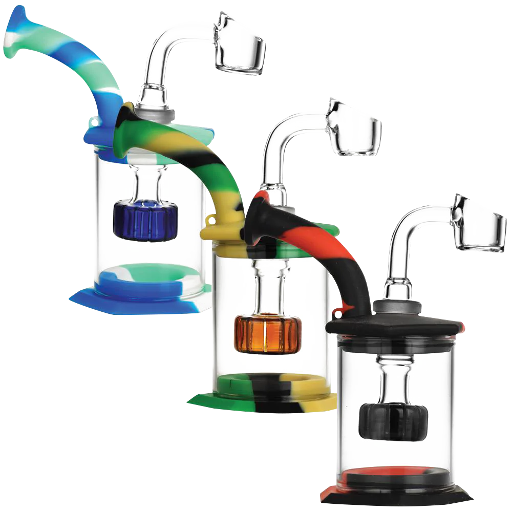 Assorted colors silicone & glass dab rig bubblers with disc percs, side view