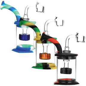 Assorted colors silicone & glass dab rig bubblers with disc percs, side view