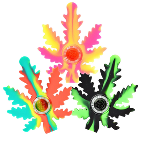 Assorted colors Silicone Hemp Leaf Hand Pipes, compact and portable design, top view