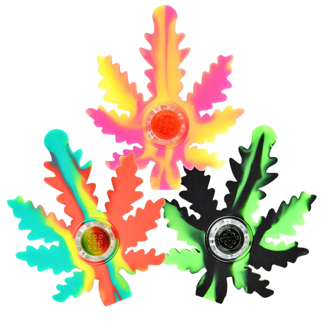 Assorted colors Silicone Hemp Leaf Hand Pipes, compact and portable design, top view