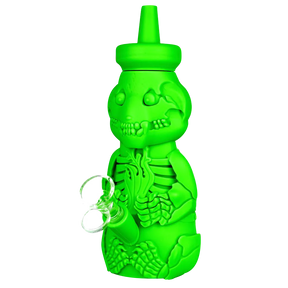 Green Silicone Honey Bear Skeleton Bubbler Water Pipe, 8.5" height, 45-degree joint