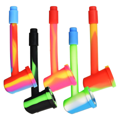 Assorted colors of Silicone Slim Stem Hand Pipes with Glass Bowls, portable design, front view