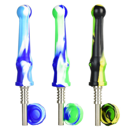 Assorted colorful silicone vapor straws with 14mm titanium tips, 6.5" length, front view