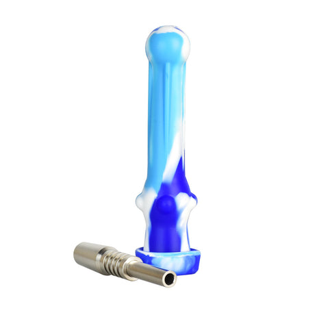 Blue and white silicone vapor straw with 14mm titanium tip, 6.5" length, ideal for dabbing, side view
