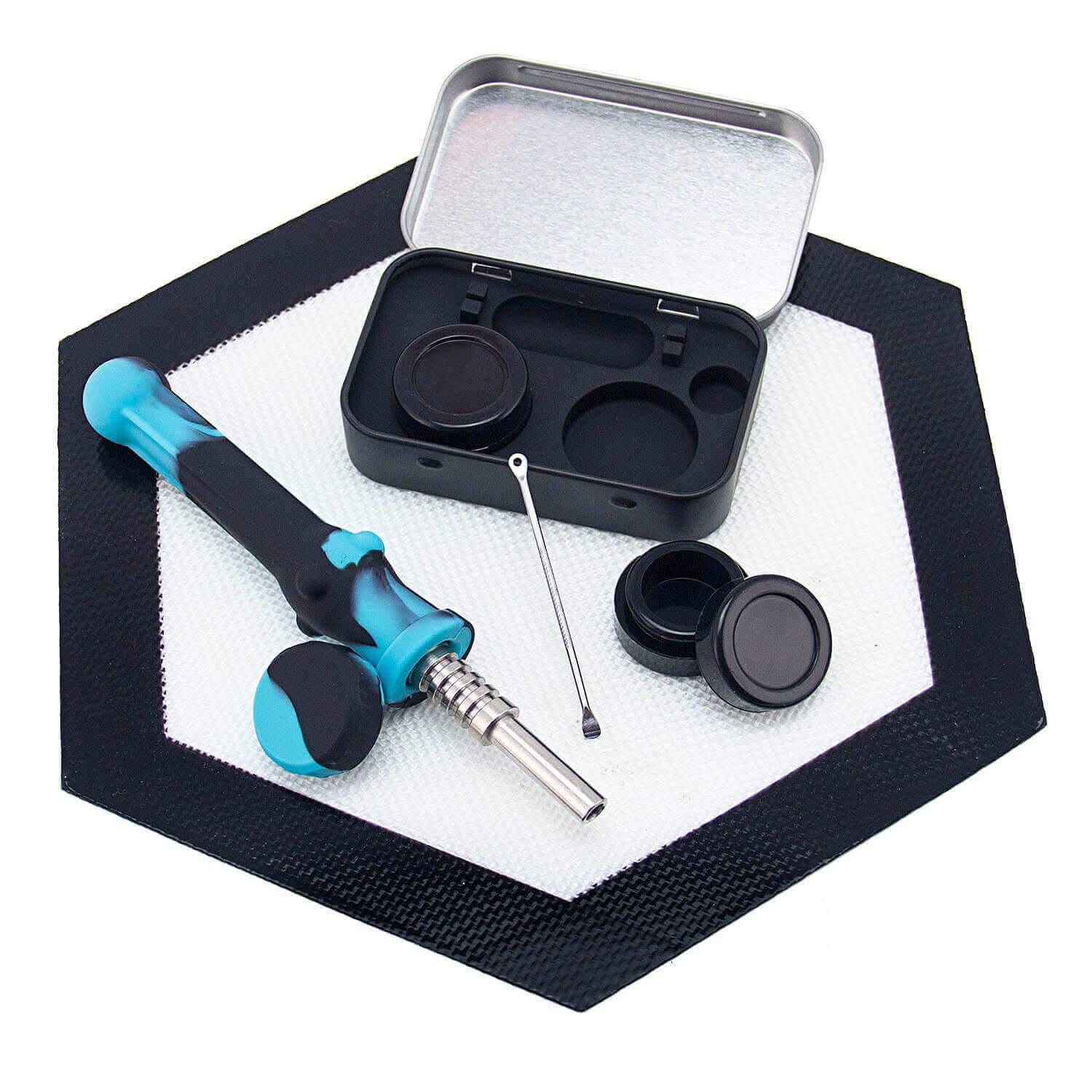 PILOT DIARY Silicone Dab Kit for Beginners with Metal Case and Dab Tool on Black Background
