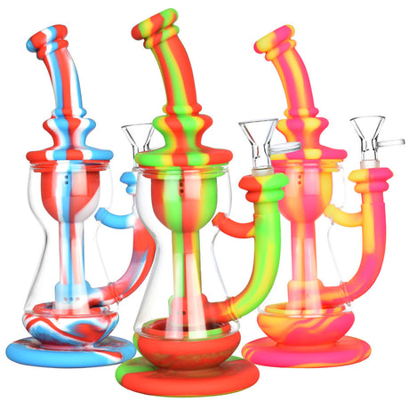 Colorful Silicone/Glass Recycler Water Pipes, 9.5" Compact Design, Front View