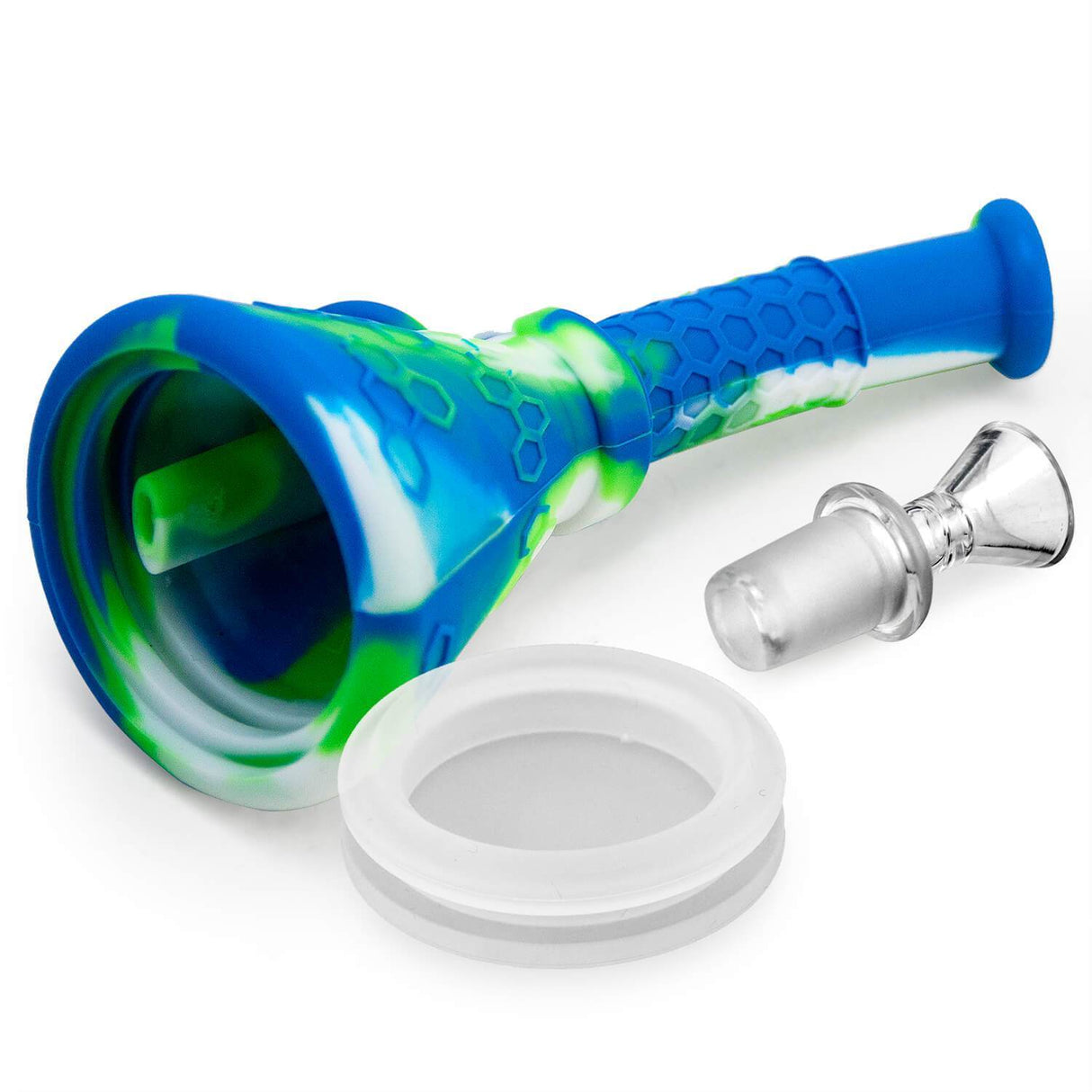 PILOT DIARY Silicone Beaker Bong in Blue and Green - Side View with Glass Bowl