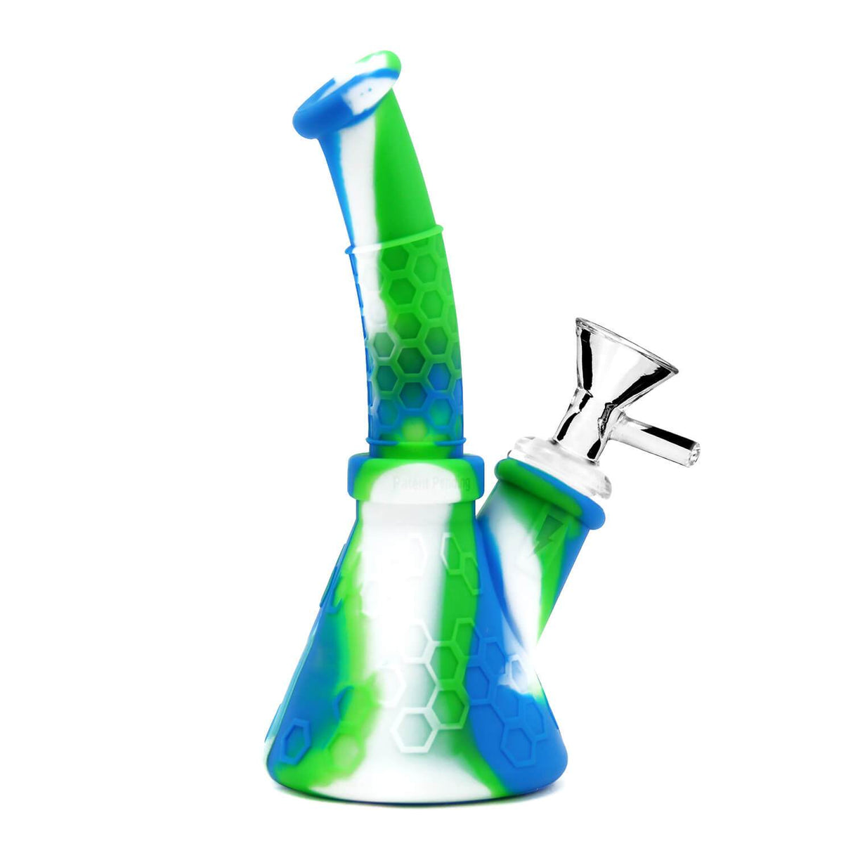 PILOT DIARY Silicone Beaker Bong in blue and green, front view on white background