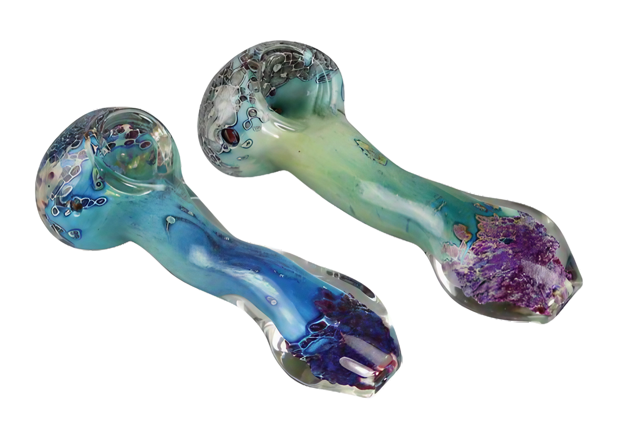 Two silver fumed spoon pipes with intricate color designs, 5-inch size, borosilicate glass, top view