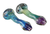 Two silver fumed spoon pipes with intricate color designs, 5-inch size, borosilicate glass, top view