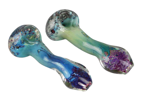 Two silver fumed spoon pipes with intricate color designs, 5-inch size, borosilicate glass, top view