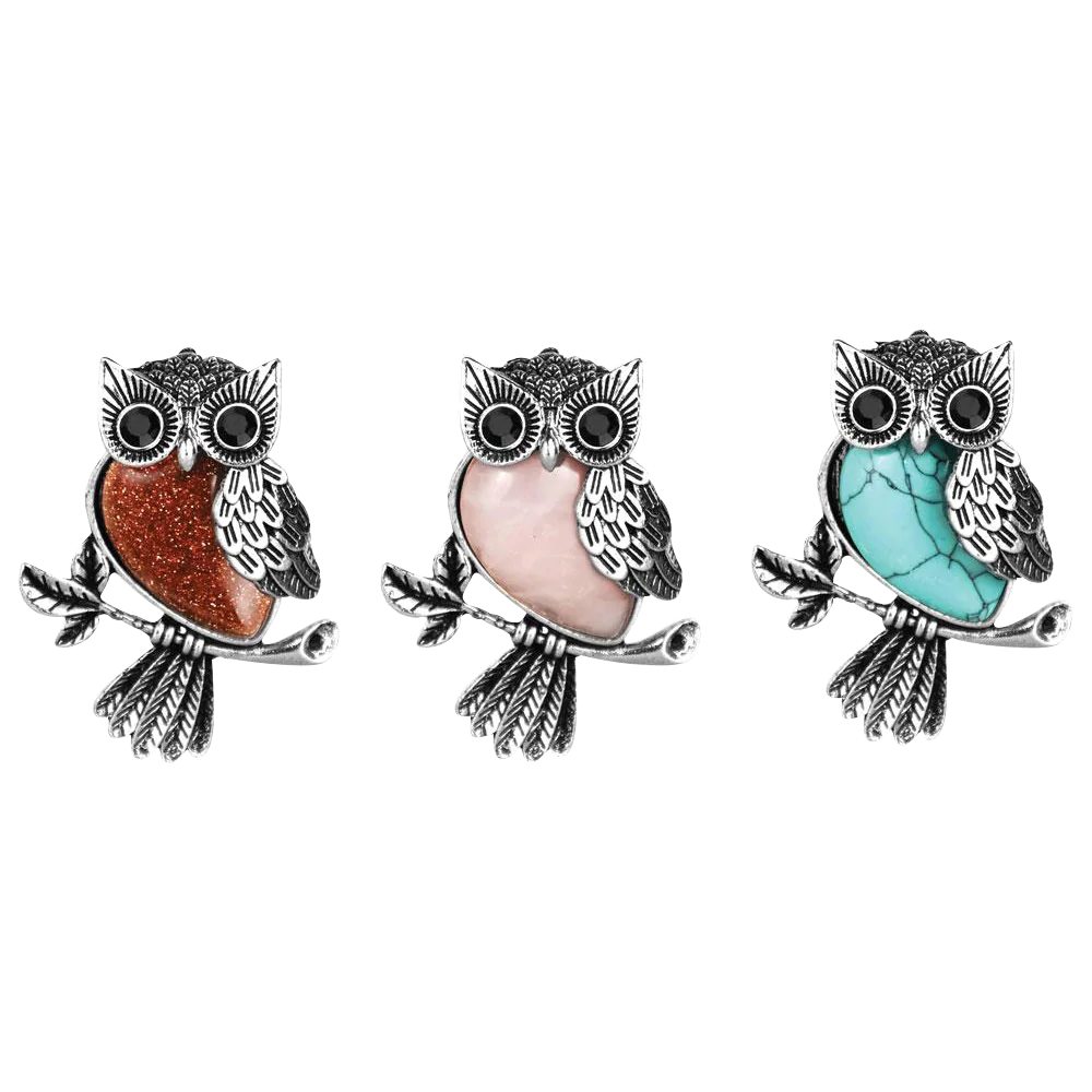 Trio of Silver Owl Necklaces with Red, Pink, and Turquoise Semi-Precious Stone Bellies