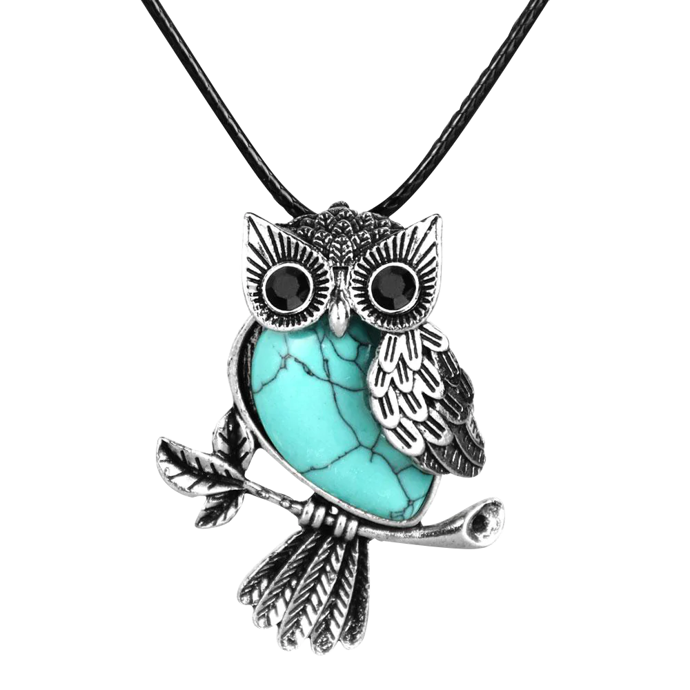 Silver and Turquoise Owl Necklace on a Black Cord, Front View, 18" Chain