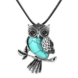 Silver and Turquoise Owl Necklace on a Black Cord, Front View, 18" Chain
