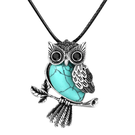 Silver and Turquoise Owl Necklace on a Black Cord, Front View, 18" Chain