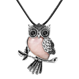 Silver Owl Necklace with Semi-Precious Stone on Black Cord, Front View