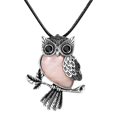 Silver Owl Necklace with Semi-Precious Stone on Black Cord, Front View