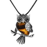 Silver Owl Necklace with Amber Stone on Black Cord, Front View, 18-inch Length