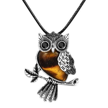 Silver Owl Necklace with Amber Stone on Black Cord, Front View, 18-inch Length
