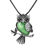 Silver Owl Necklace with Green Semi-Precious Stone on Black Cord, Front View
