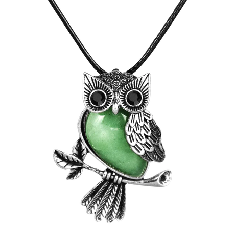 Silver Owl Necklace with Green Semi-Precious Stone on Black Cord, Front View