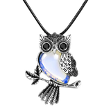 Silver Owl Necklace with Semi-Precious Stone and 18" Chain - Front View