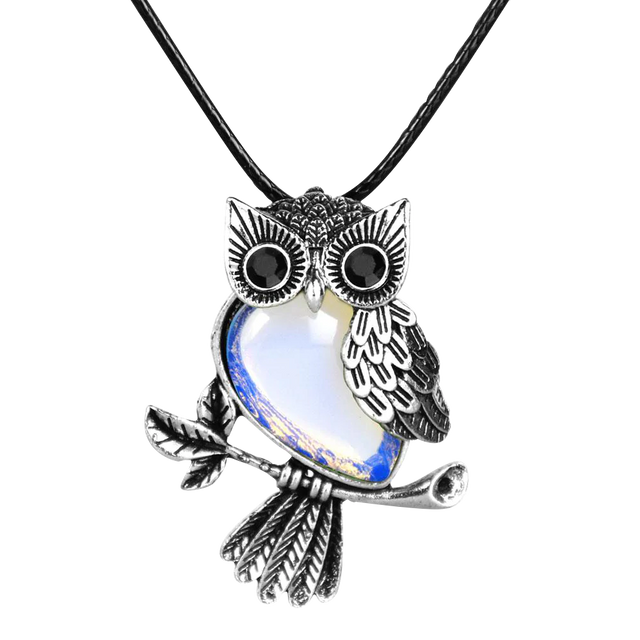 Silver Owl Necklace with Semi-Precious Stone and 18" Chain - Front View