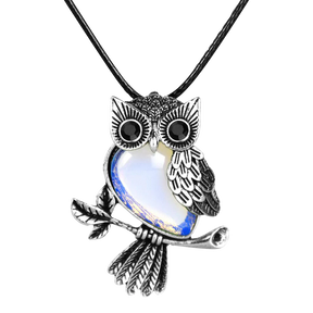 Silver Owl Necklace with Semi-Precious Stone and 18" Chain - Front View