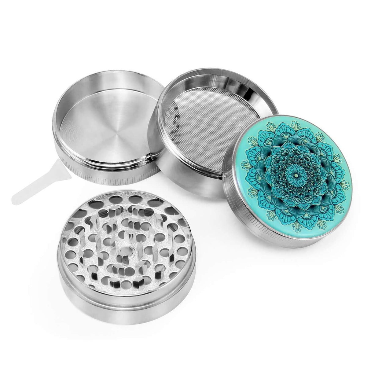 PILOT DIARY Mandala Grinder Silver with intricate blue design, displayed open with mesh screen