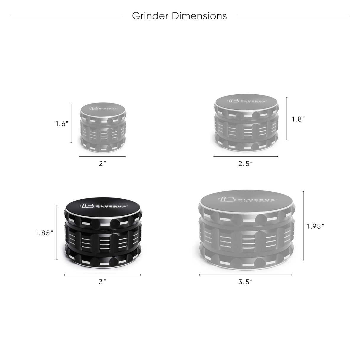 GA Aluminum Grinder collection by Blue Bus fine tools in various sizes from 2" to 3.5"
