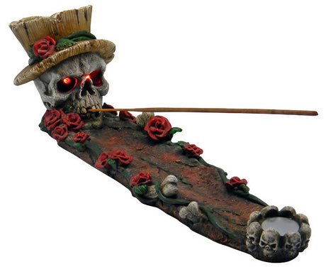 Polyresin Skull and Roses Incense Burner with Glowing Red Eyes, Front View