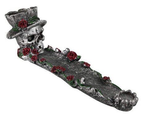 Polyresin Skull and Roses Incense Burner, 11" angled side view with intricate details