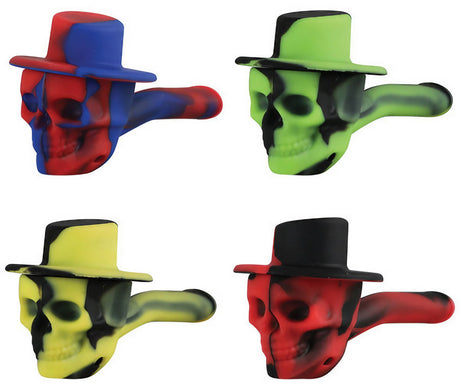 Skull Cowboy Silicone Hand Pipes in various colors with steel bowls, compact 4" design for dry herbs