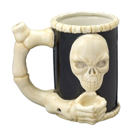 Fantasy Ceramic Mug Pipe with Skull & Bones design, Novelty Gift, angled side view