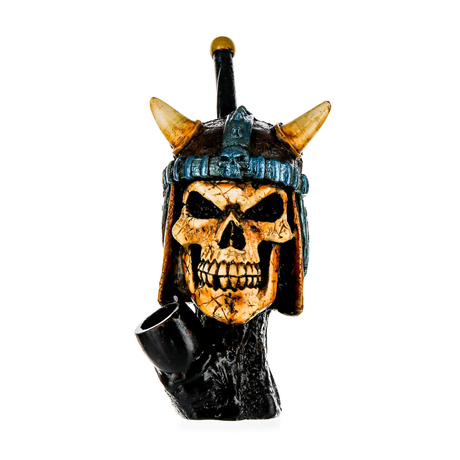 Medusa Customs Hand Carved Viking Skull Pipe, Front View on White Background