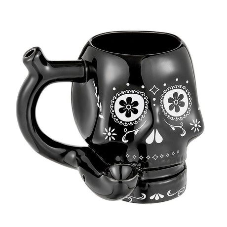 Fantasy Ceramic Skull Mug Pipe in Black with White Trim, Novelty Hand Pipe, Front View