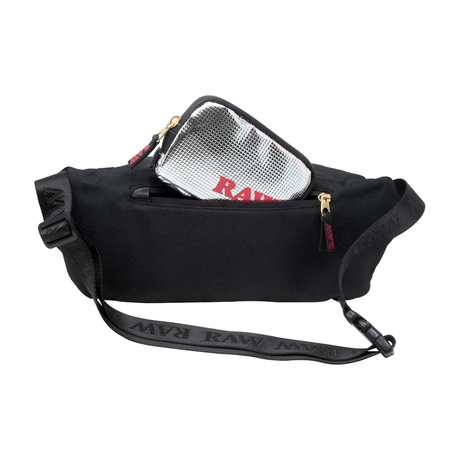 RAW Smell-Proof Sling Bag with Foil Lining and Odor Lock, Front View with Zipper Open