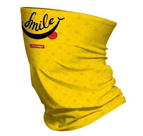 StonerDays Smile Neck Gaiter in yellow with cannabis leaf pattern, side view on white background