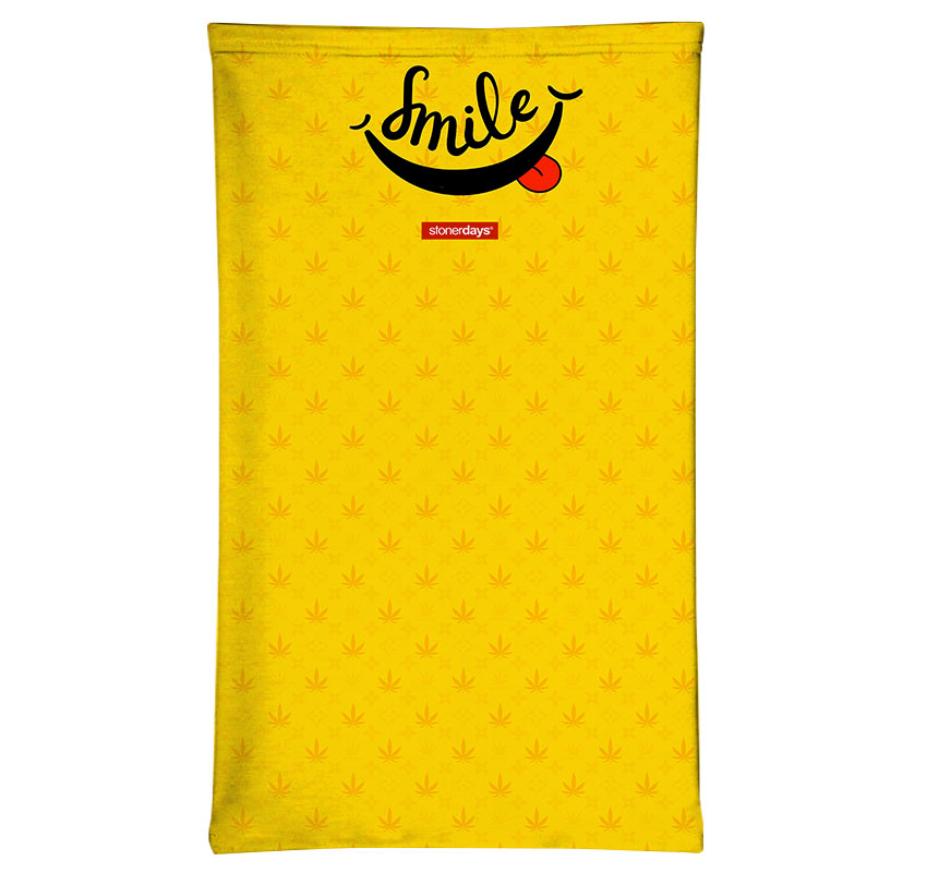 StonerDays Smile Neck Gaiter with Yellow Cannabis Leaf Pattern Front View