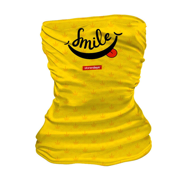 StonerDays Smile Neck Gaiter in yellow with cannabis leaf pattern, front view on white background