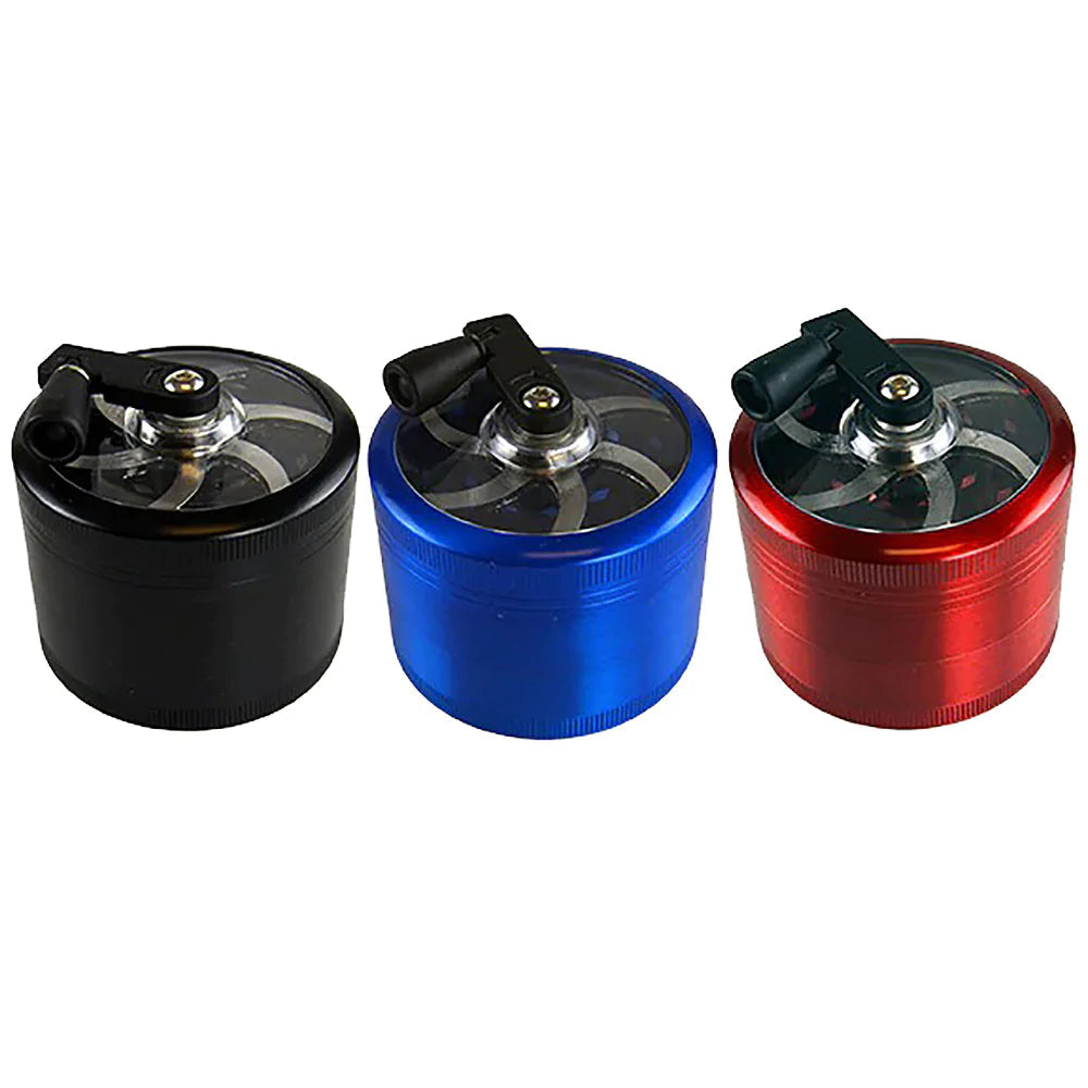 Smokezilla Crank Grinders in black, blue, and red, compact 4-part design with mill handle