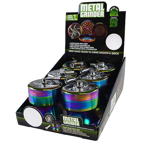 Smokezilla Rainbow Metal Crank Grinders 6 Pack on display, compact and portable with mill handle