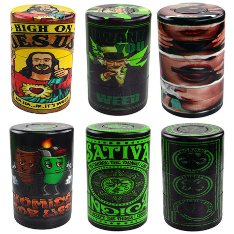 Assorted Smokezilla Vacuum Storage Grinders with novelty designs, front view 6 pack