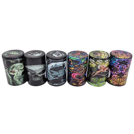Assorted Smokezilla Vacuum Storage Grinders with Novelty Designs, Front View - 6 Pack