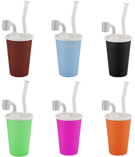 Assorted Soda Cup Silicone Oil Rigs with Quartz Bangers, 9" Tall, Portable Design