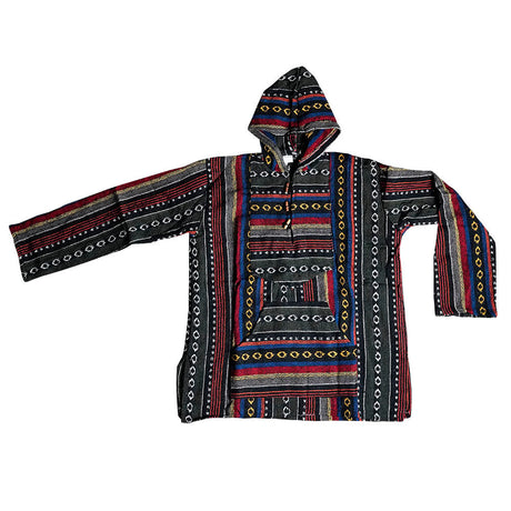Colorful Soft Cotton Hippie Baja Hoodie laid flat, showcasing intricate patterns and front pocket