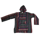 Colorful Soft Cotton Hippie Baja Hoodie laid flat, showcasing intricate patterns and front pocket