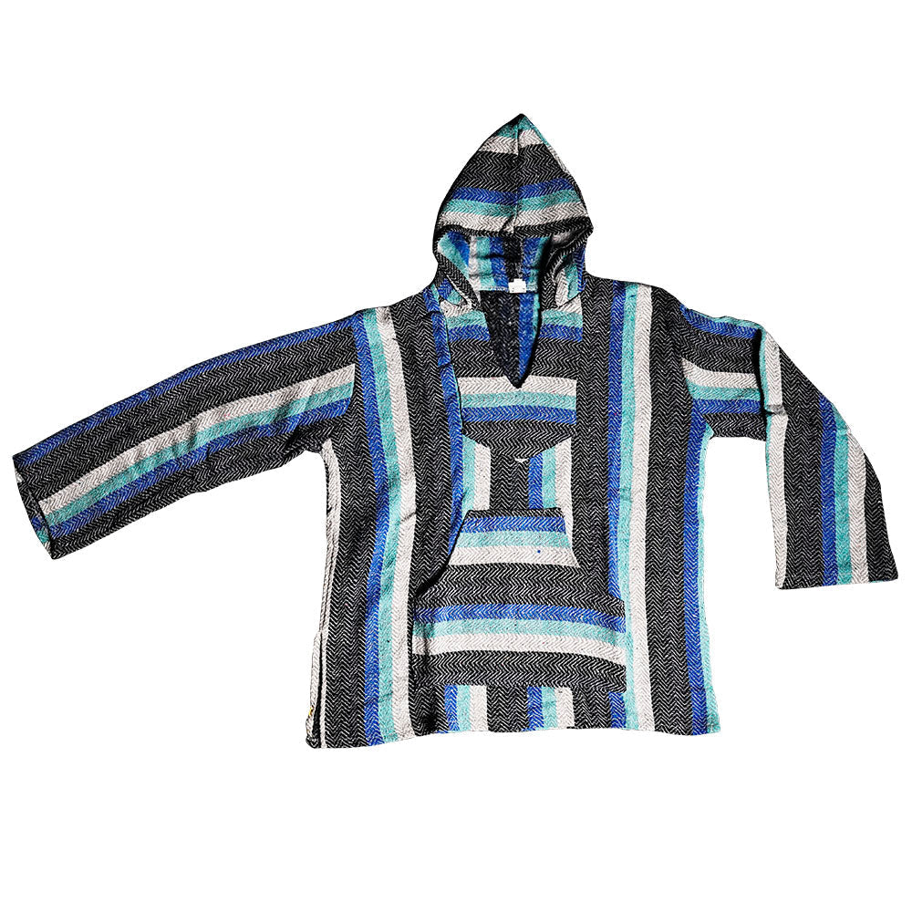 Soft Cotton Hippie Baja Hoodie in blue stripes, front view on white background