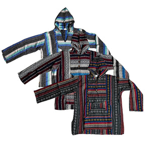 Assortment of Soft Cotton Hippie Baja Hoodies with Unique Patterns - Flat Lay